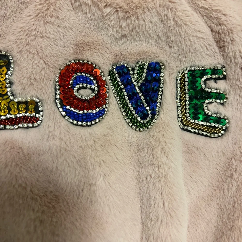 Truly Me Toddler Girls Fur Bomber Jacket with love appliqué sequin letters!